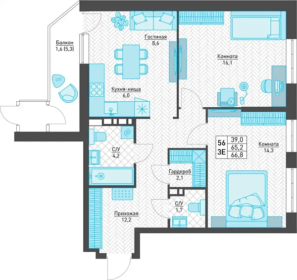 3-комнатная квартира 66.8м², 4 этаж