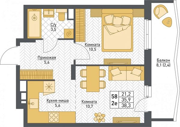 2-комнатная квартира 38.3м²