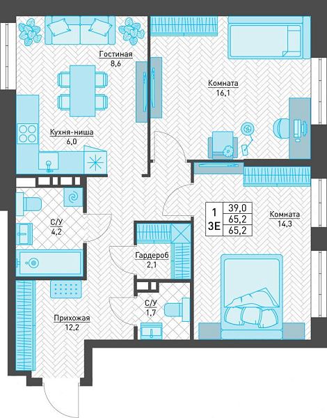 3-комнатная квартира 65.2м²