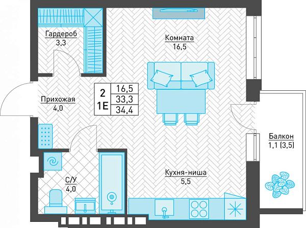 Студия 34.4м²
