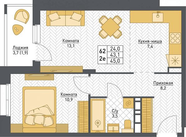 2-комнатная квартира 45.0м², 8 этаж